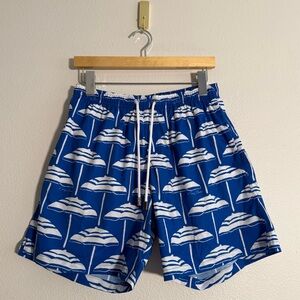 Kenny Flowers Men’s Swim Trunks Size L blue beach umbrella print